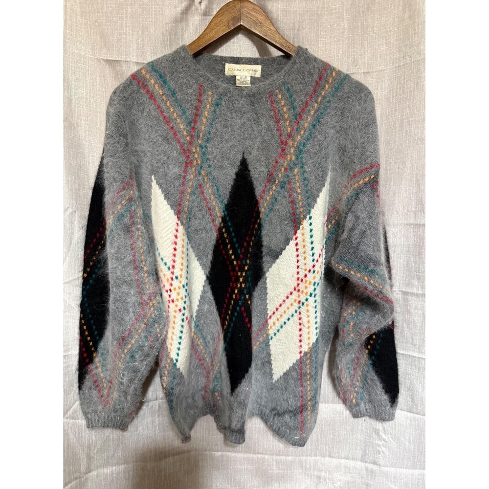 Vintage Casual Corner Argyle Wool Angora Blend Knit Sweater Retro cozy 80s Soft